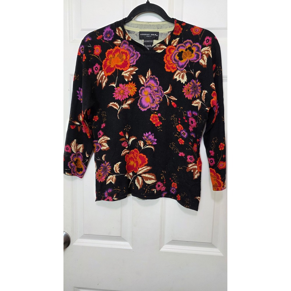 August Silk Knits Sweater Womens L Black Floral Silk Blend 3/4 Sleeve Gradmcore